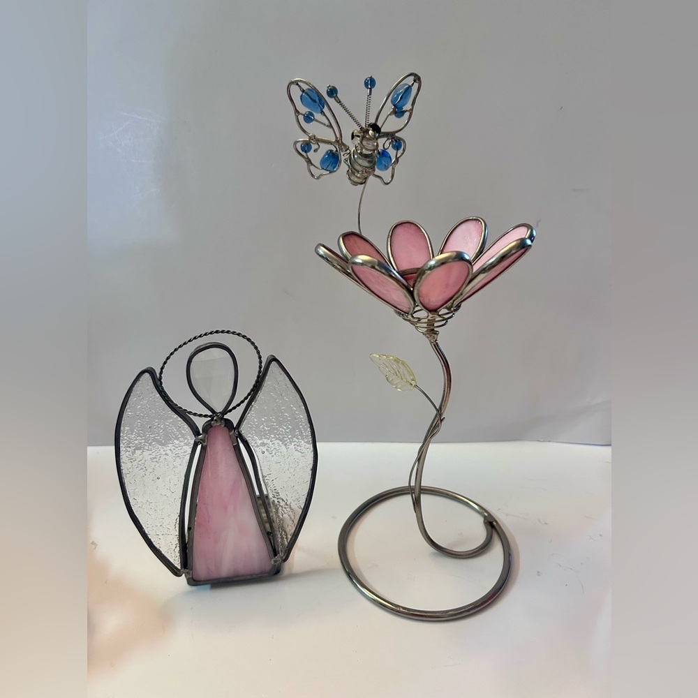 Pink and Blue Stained Art Glass Flower and Butterfly Sculpture
